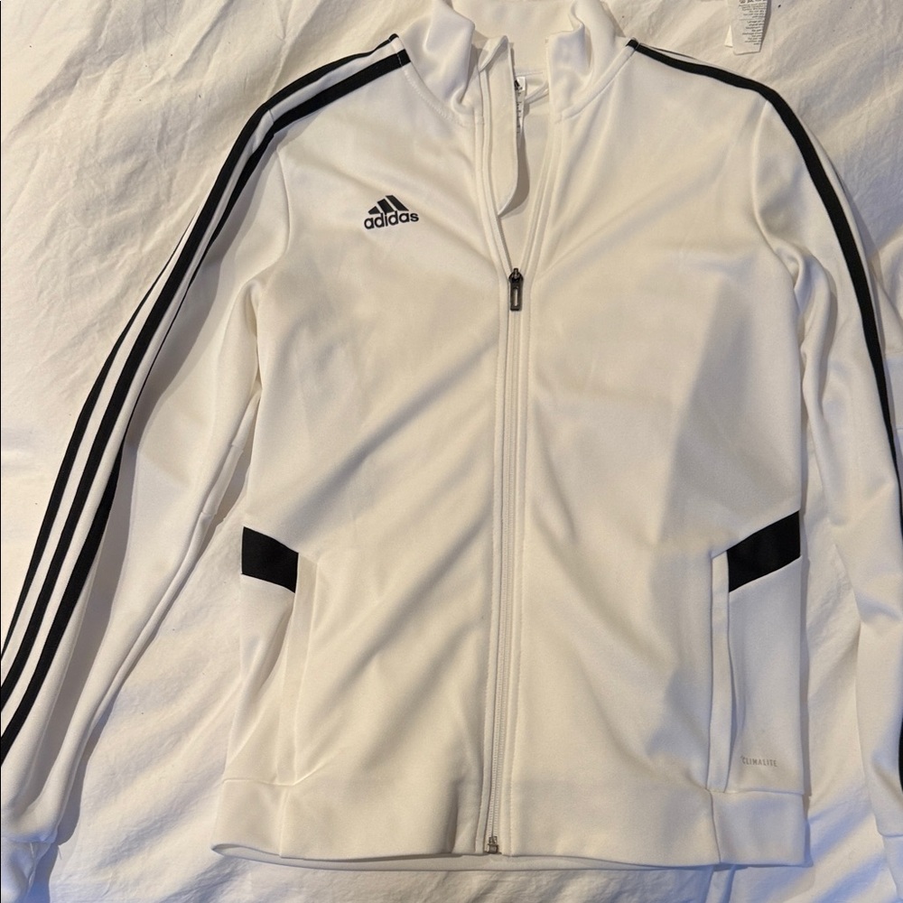 Adidas Women's White Bomber Jacket with Black Stripes